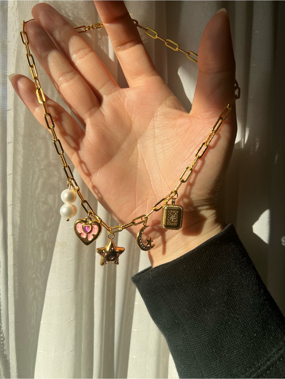 Gold Stainless Steel Charm Necklace with Pink Heart, Pearls & Star